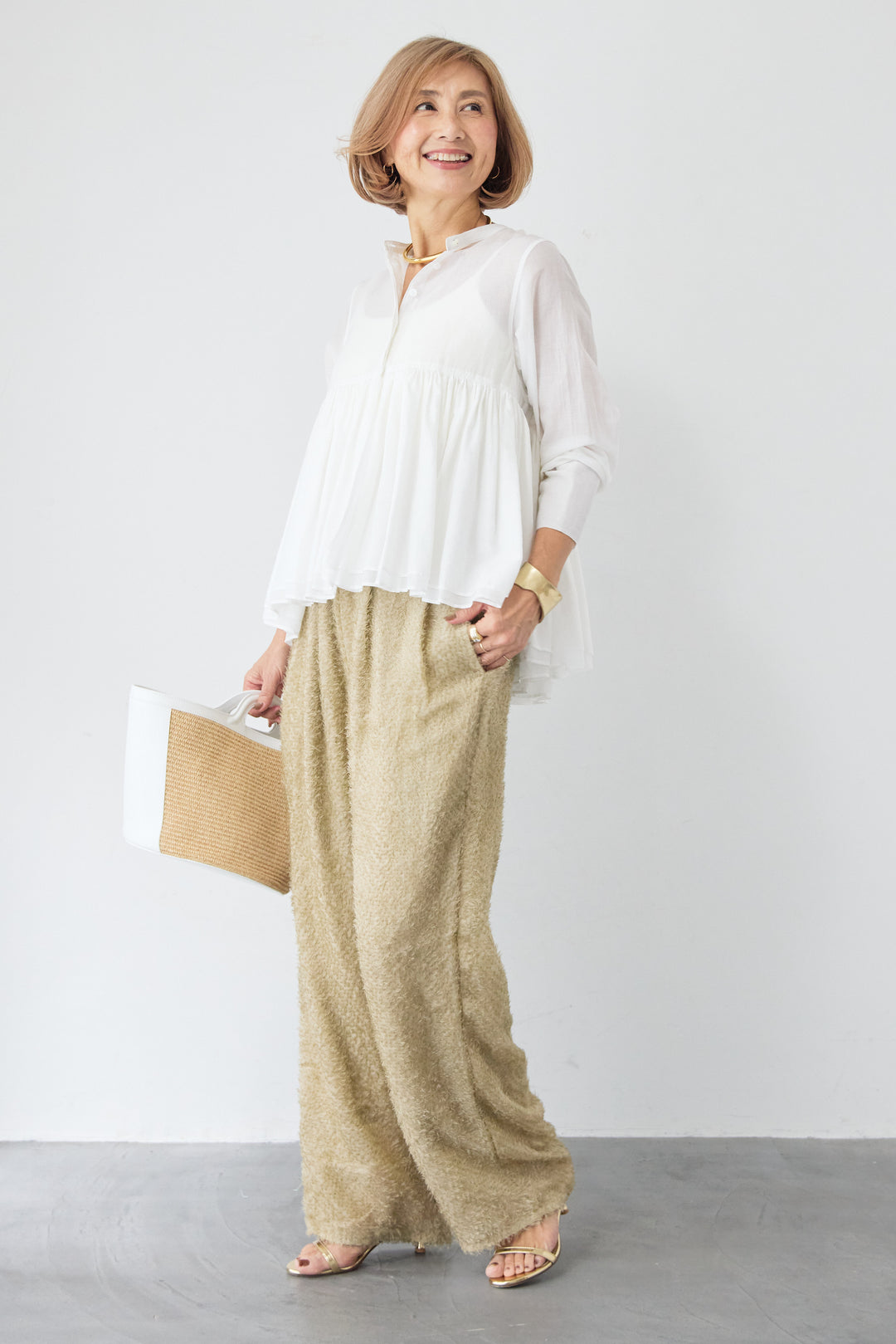 [SET]コットンシアー バンドカラーブラウス+カットジャガード フリンジ ワイドパンツ(2set)