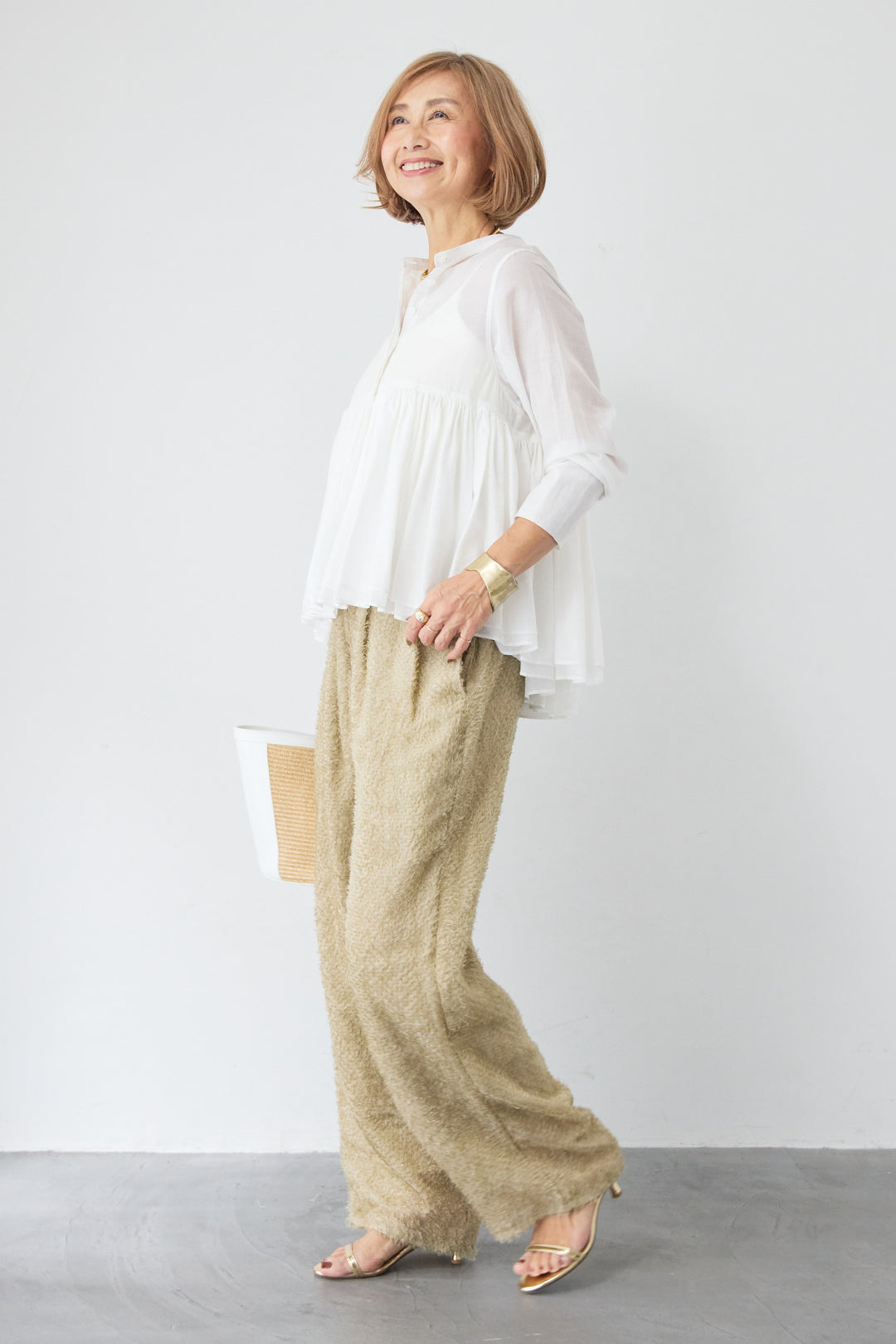 コットンシアー バンドカラーブラウス