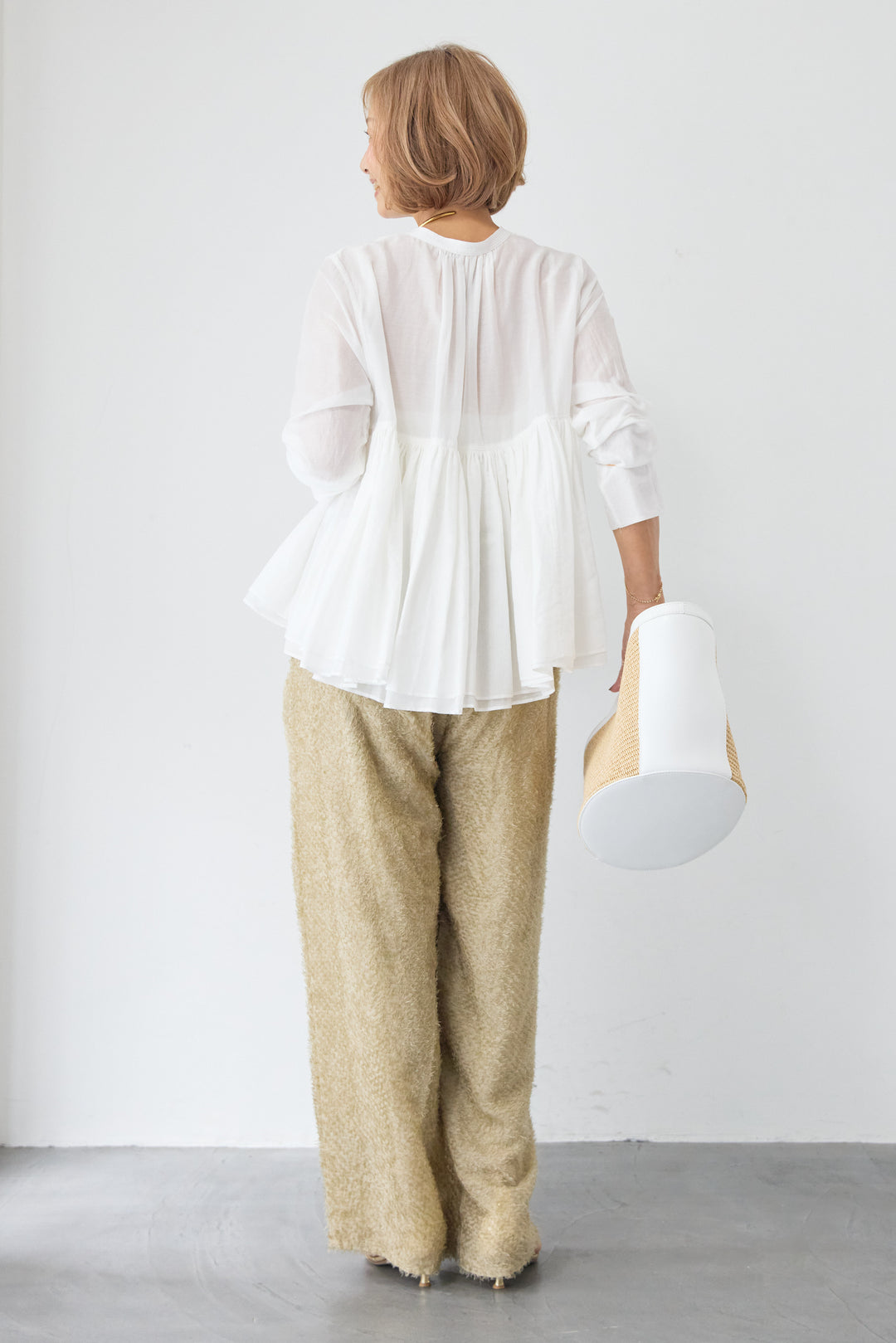 [SET]コットンシアー バンドカラーブラウス+カットジャガード フリンジ ワイドパンツ(2set)