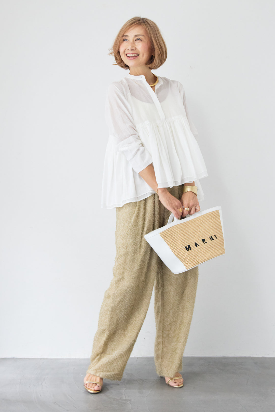 [SET]コットンシアー バンドカラーブラウス+カットジャガード フリンジ ワイドパンツ(2set)