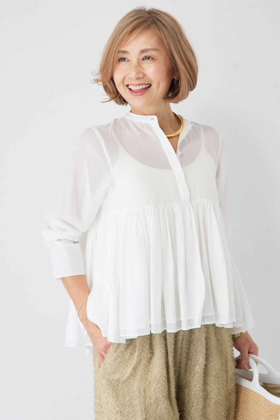 コットンシアー バンドカラーブラウス