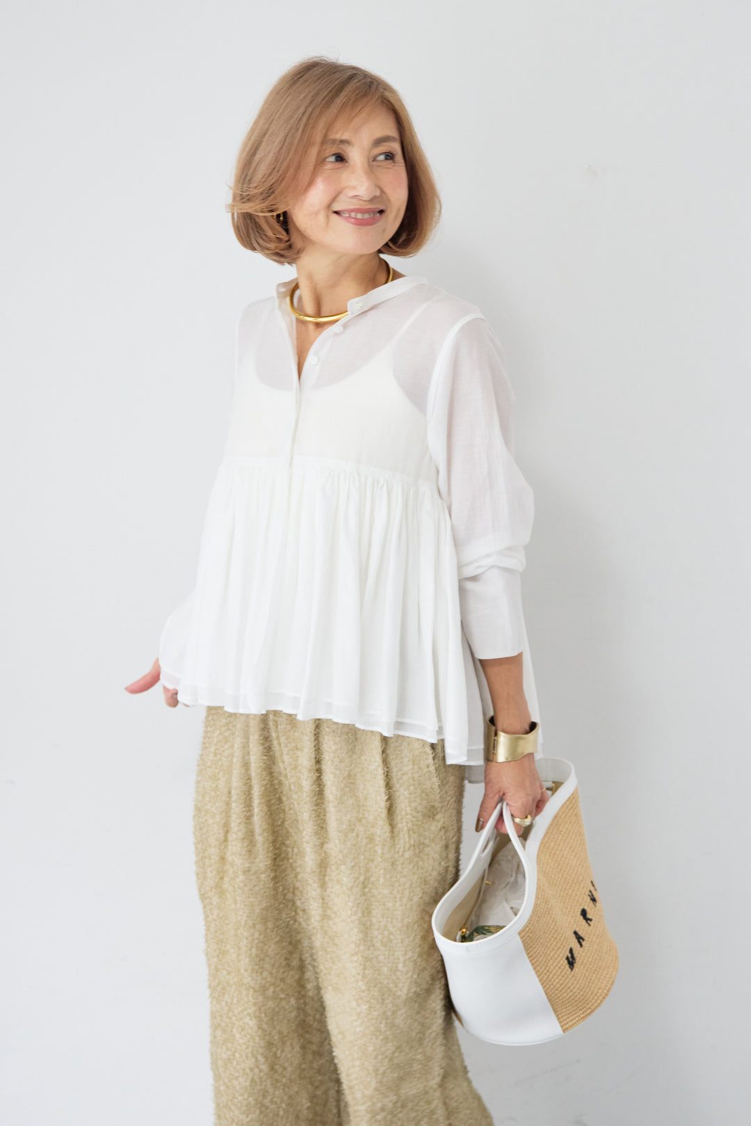 コットンシアー バンドカラーブラウス