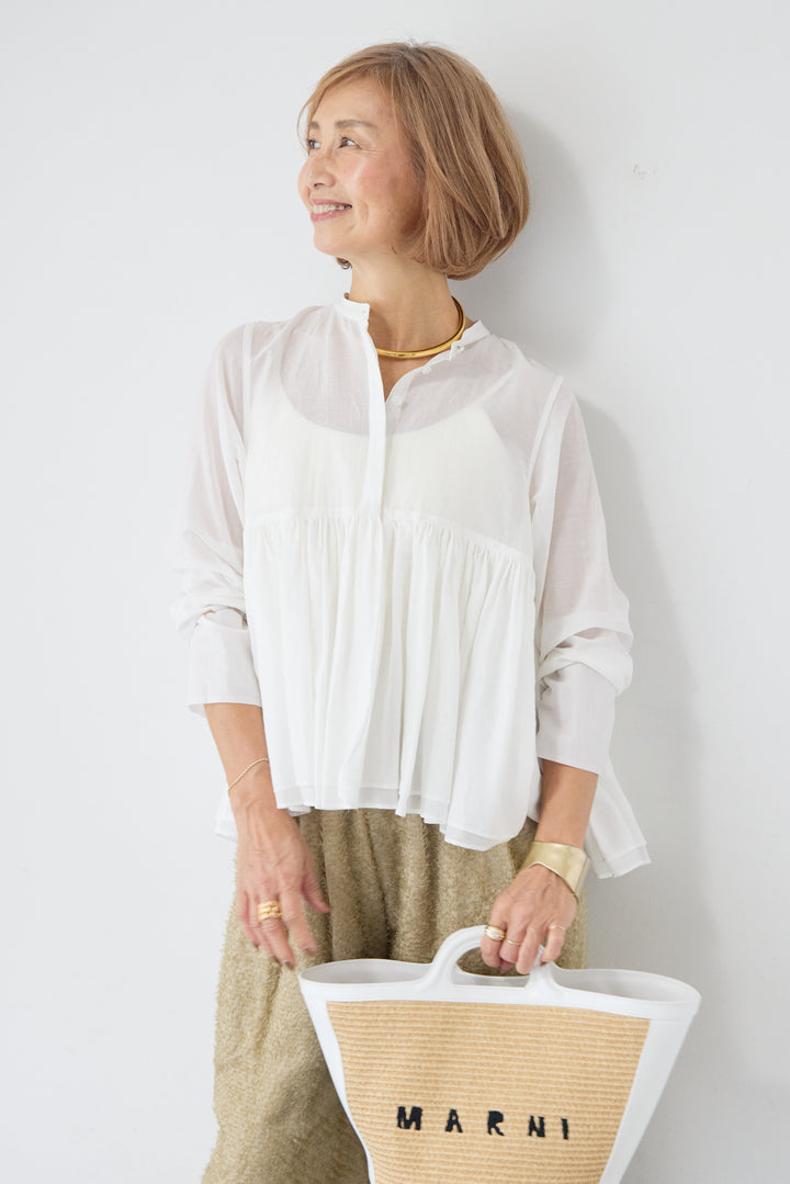 [SET]コットンシアー バンドカラーブラウス+カットジャガード フリンジ ワイドパンツ(2set)