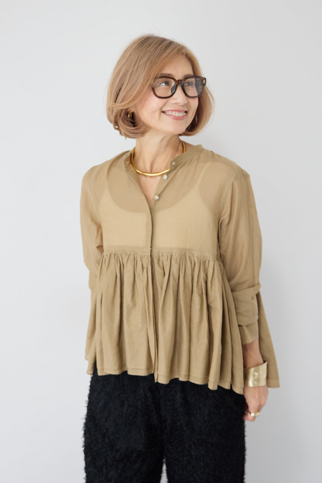 [SET]コットンシアー バンドカラーブラウス+カットジャガード フリンジ ワイドパンツ(2set)