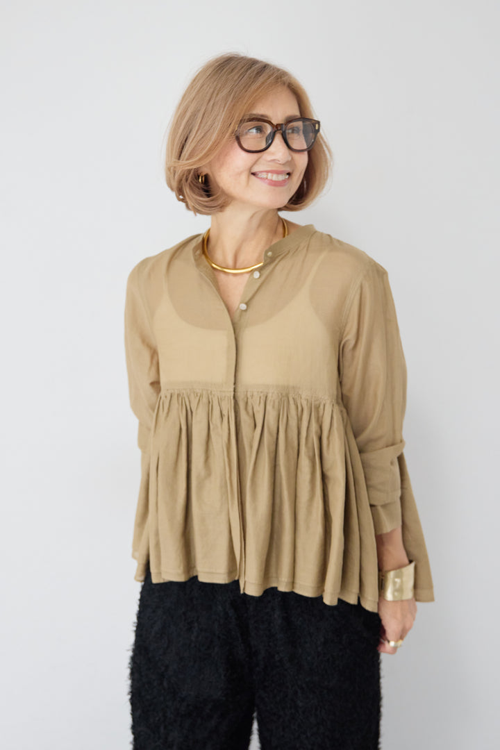 [SET]コットンシアー バンドカラーブラウス+カットジャガード フリンジ ワイドパンツ(2set)