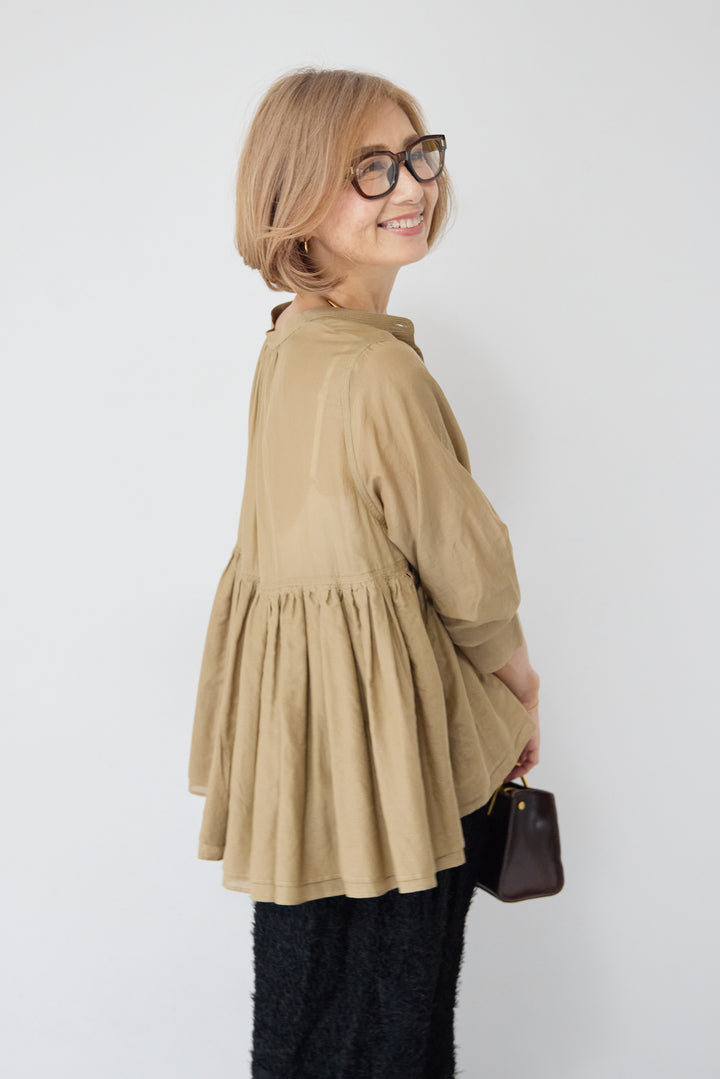 [SET]コットンシアー バンドカラーブラウス+カットジャガード フリンジ ワイドパンツ(2set)