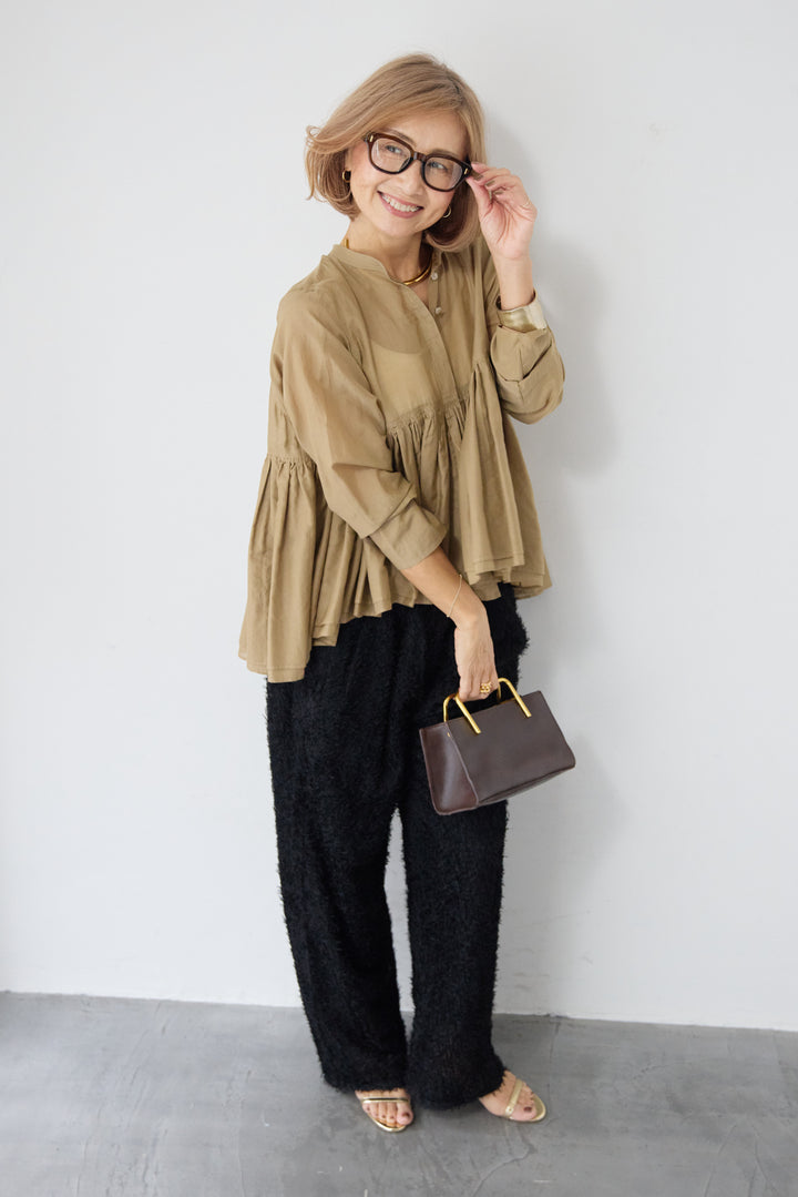 [SET]コットンシアー バンドカラーブラウス+カットジャガード フリンジ ワイドパンツ(2set)