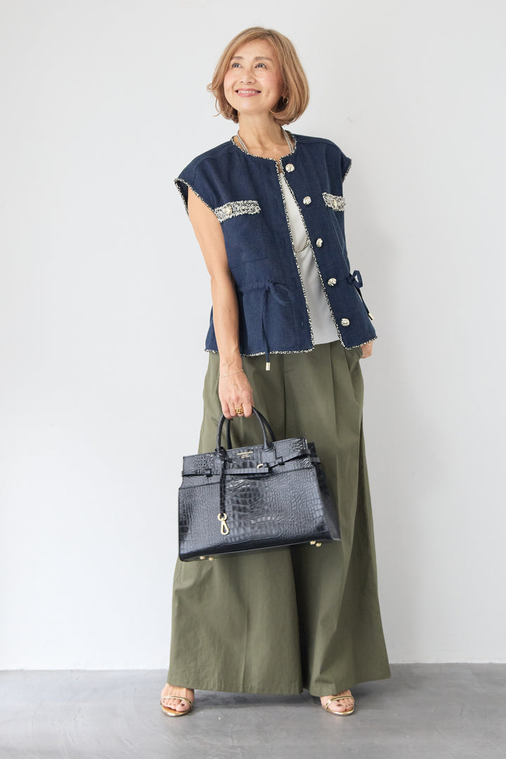 [SET]配色ツイードトリミング デニム調ニットジレ+ハイウエスト タックワイドパンツ(2set)