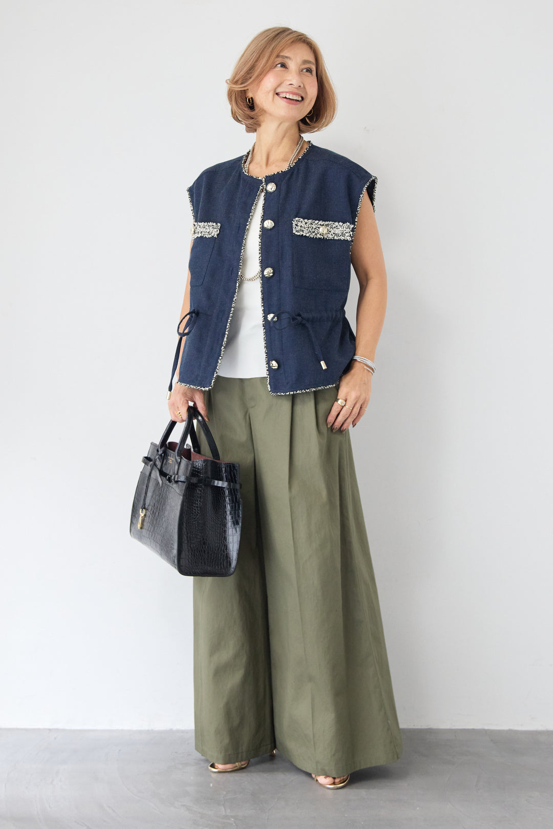 [SET]配色ツイードトリミング デニム調ニットジレ+ハイウエスト タックワイドパンツ(2set)