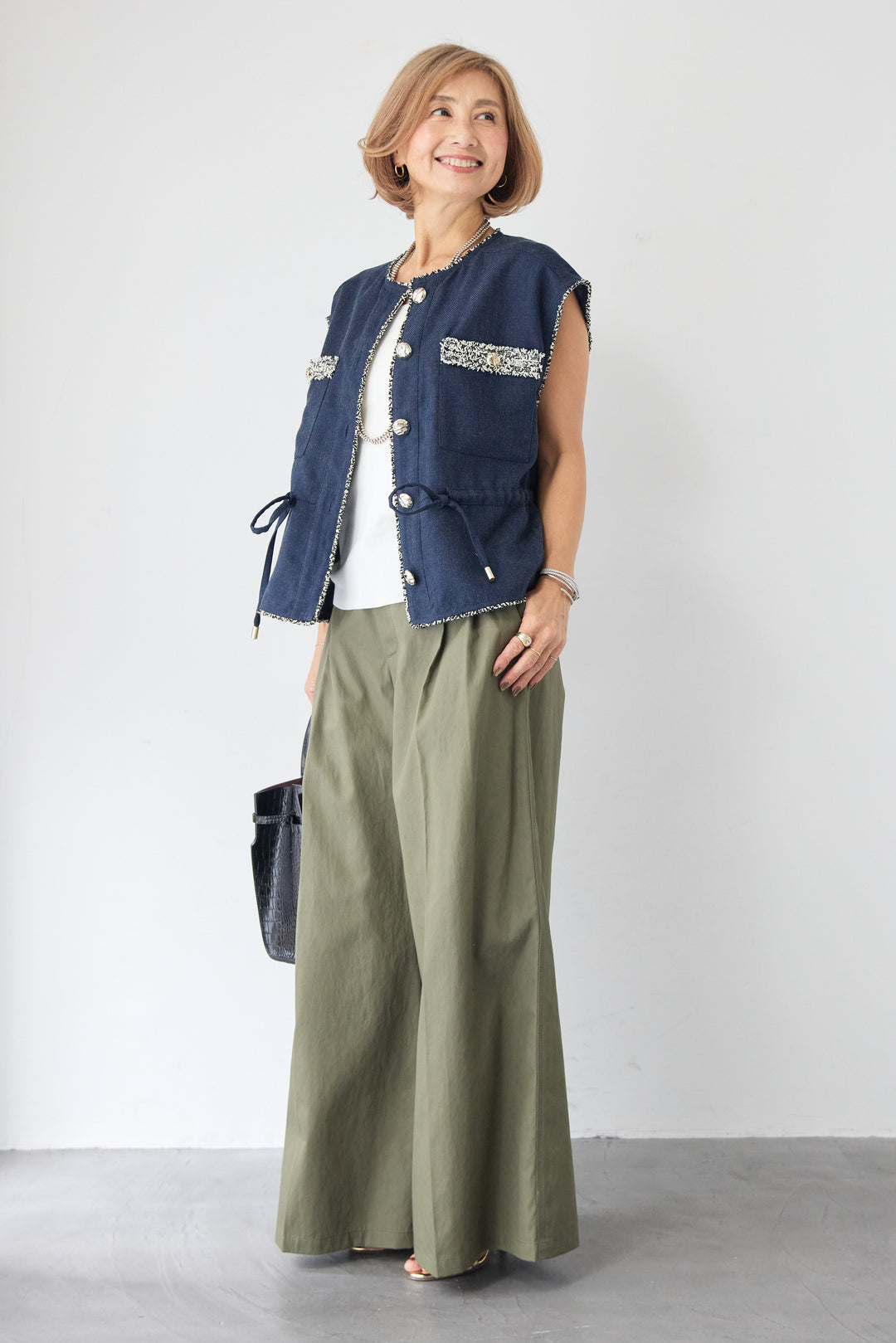 [SET]配色ツイードトリミング デニム調ニットジレ+ハイウエスト タックワイドパンツ(2set)