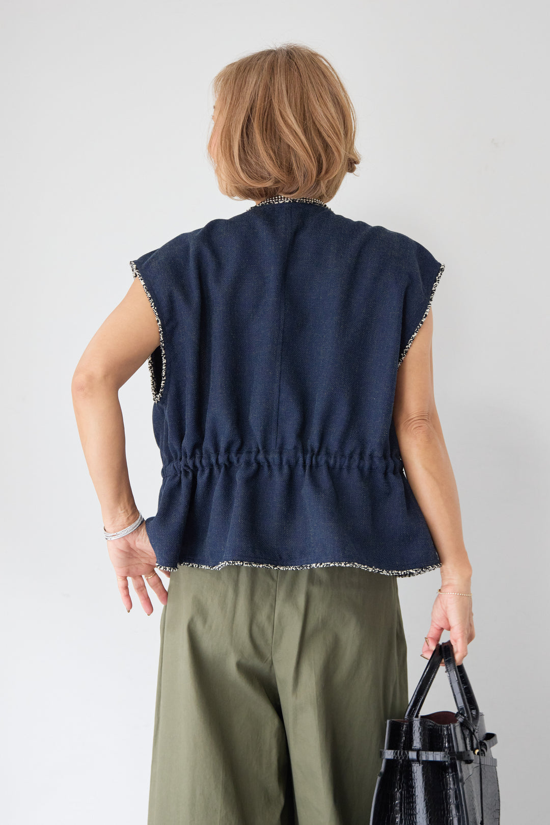 [SET]配色ツイードトリミング デニム調ニットジレ+ハイウエスト タックワイドパンツ(2set)