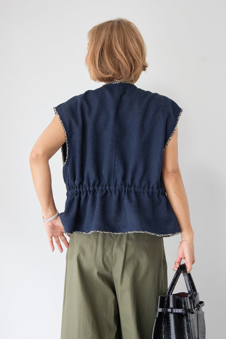 [SET]配色ツイードトリミング デニム調ニットジレ+ハイウエスト タックワイドパンツ(2set)