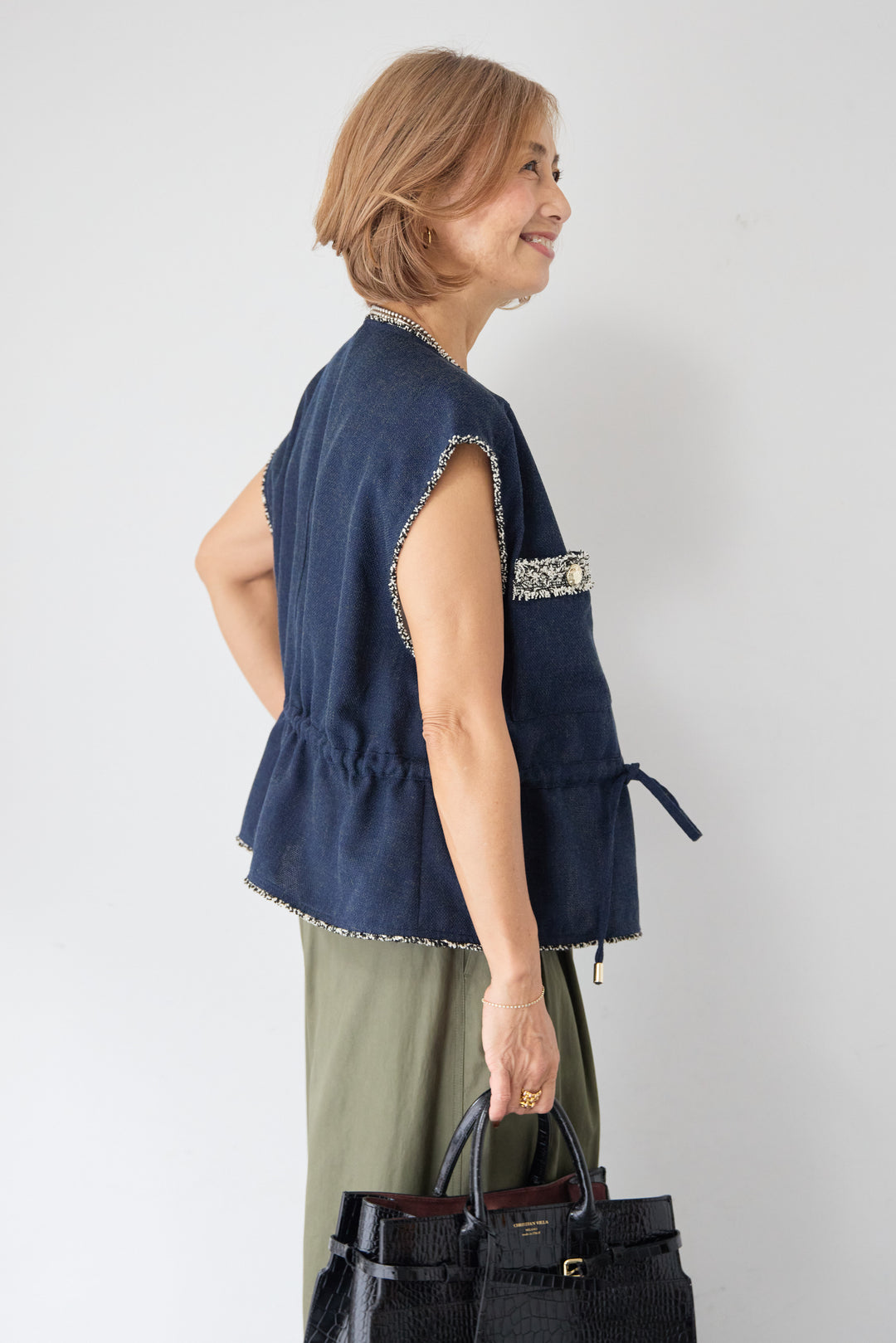 [SET]配色ツイードトリミング デニム調ニットジレ+ハイウエスト タックワイドパンツ(2set)