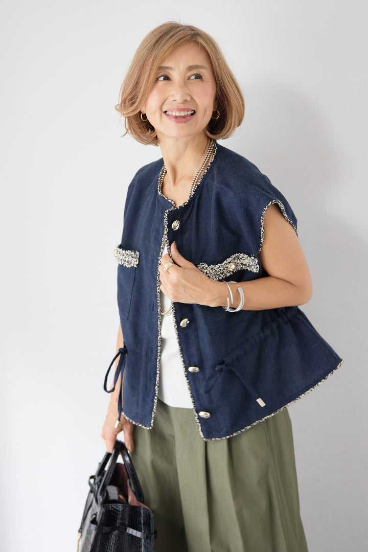 配色ツイードトリミング デニム調ニットジレ