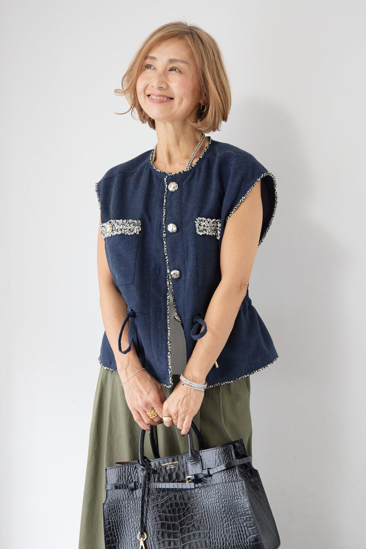 [SET]配色ツイードトリミング デニム調ニットジレ+ハイウエスト タックワイドパンツ(2set)