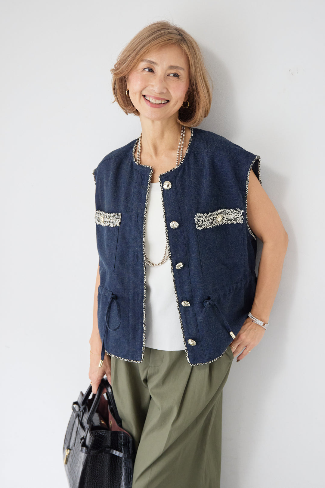 [SET]配色ツイードトリミング デニム調ニットジレ+ハイウエスト タックワイドパンツ(2set)