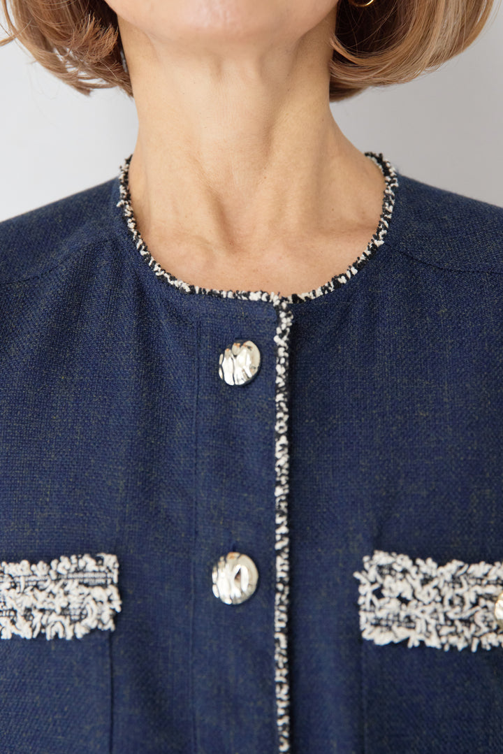 [SET]配色ツイードトリミング デニム調ニットジレ+ハイウエスト タックワイドパンツ(2set)