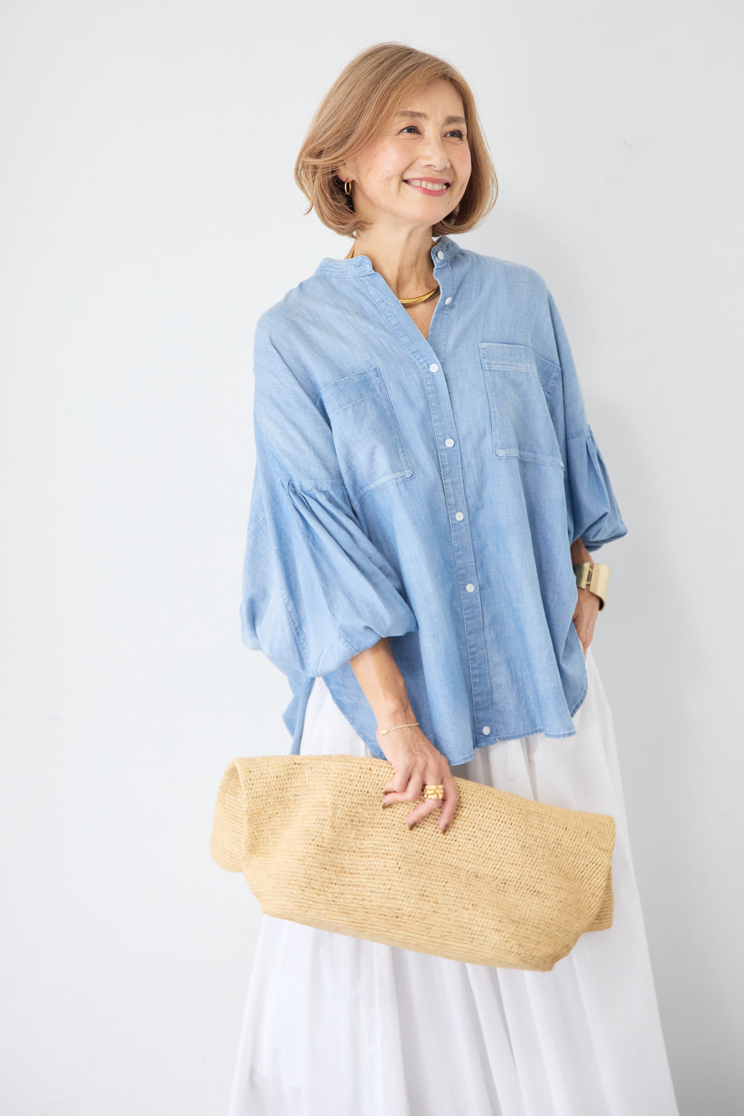 デニム調ボリュームスリーブシャツ