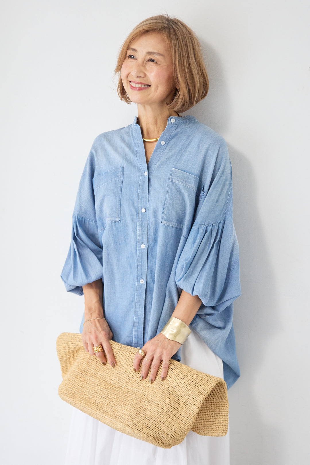 デニム調ボリュームスリーブシャツ