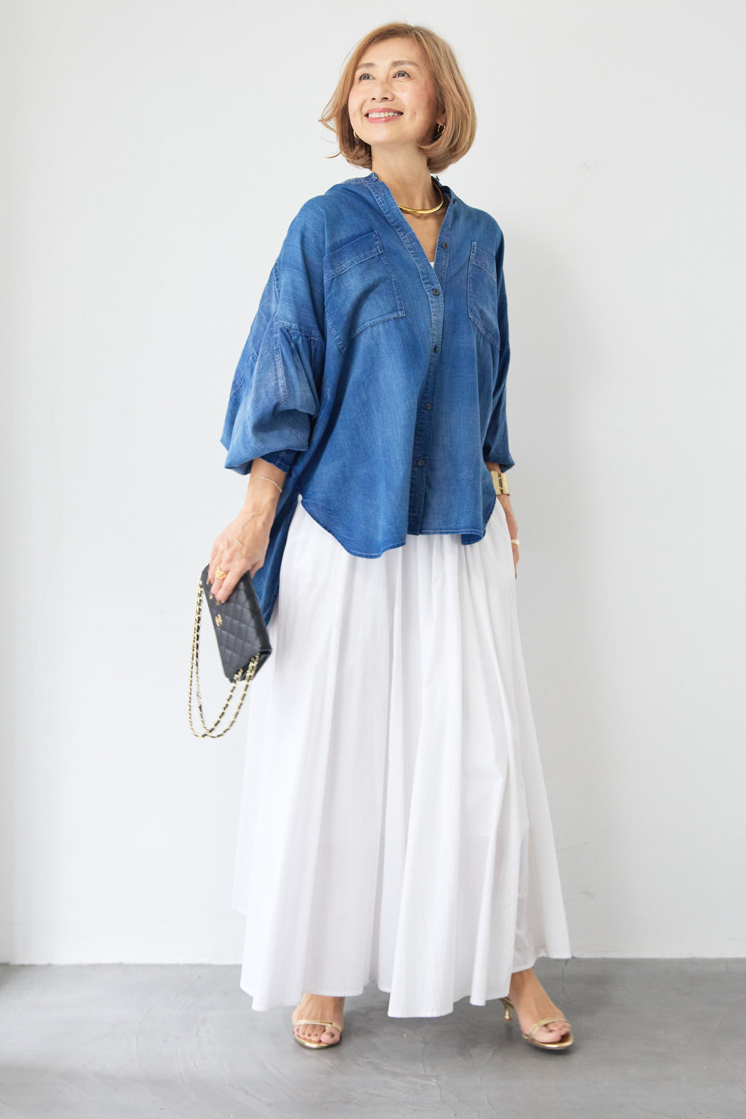 デニム調ボリュームスリーブシャツ