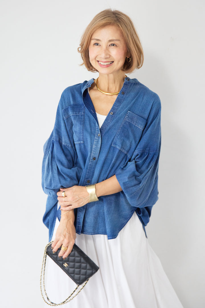 デニム調ボリュームスリーブシャツ