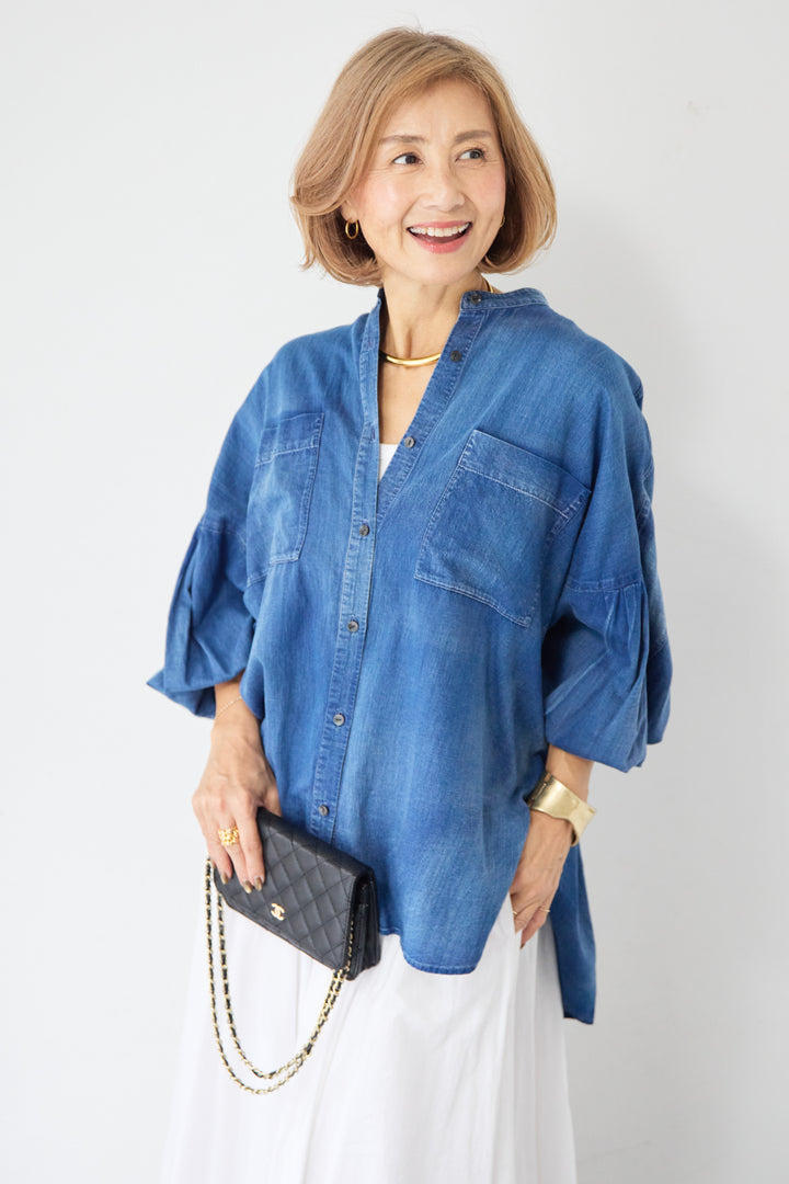 デニム調ボリュームスリーブシャツ
