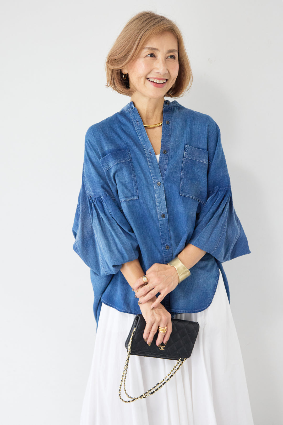 デニム調ボリュームスリーブシャツ