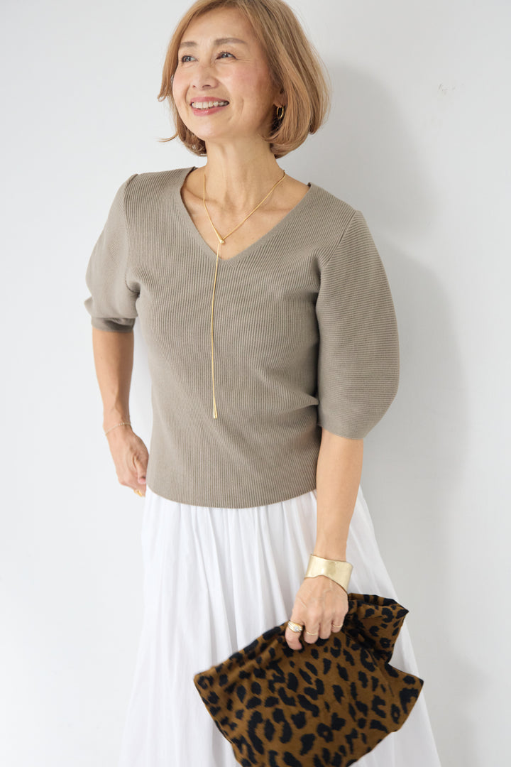 5分袖 Vネック リブプルオーバー