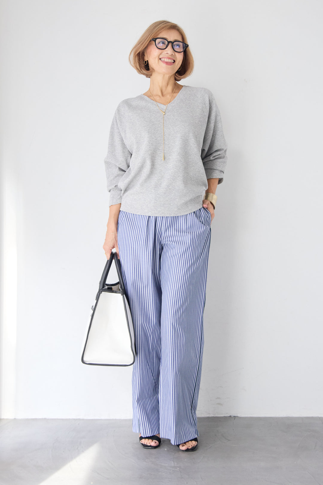 ストライプ コットンワイドパンツ