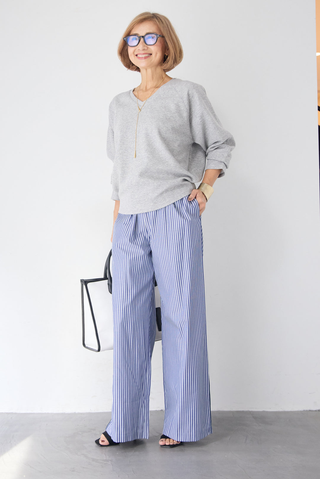 ストライプ コットンワイドパンツ