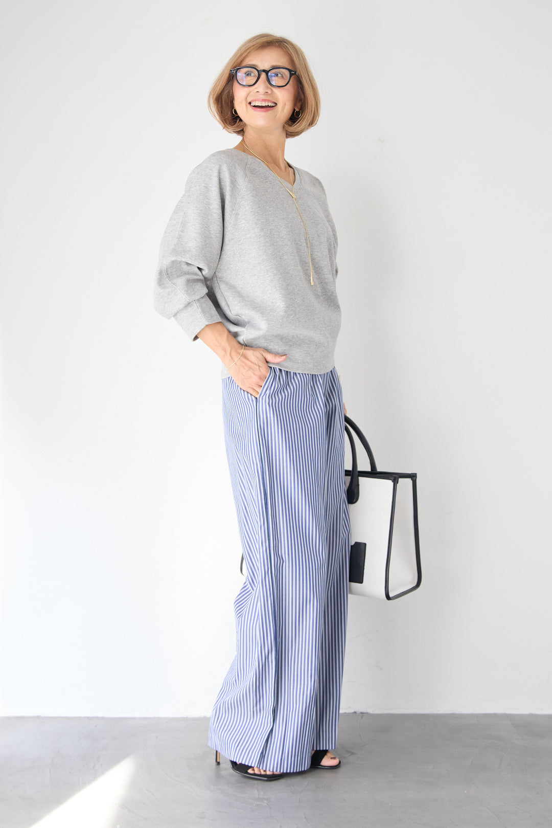 ストライプ コットンワイドパンツ