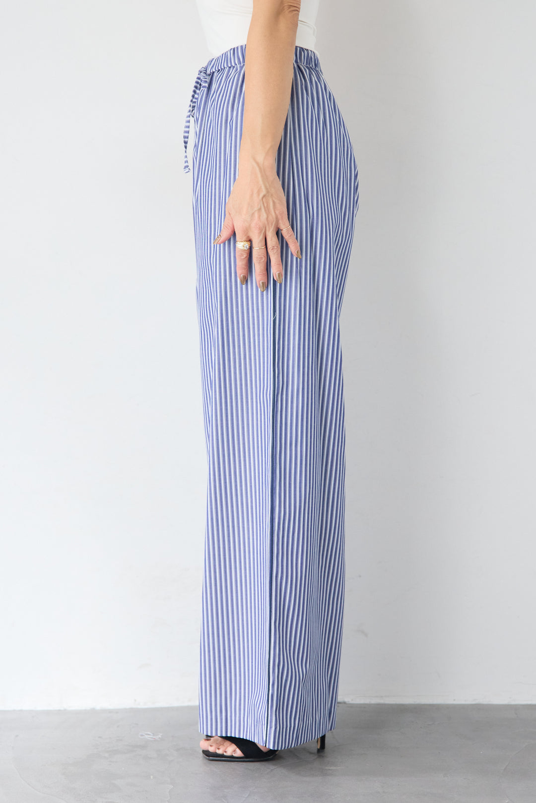 [SET]Vネック ラグラン カットソー+ストライプ コットンワイドパンツ(2set)