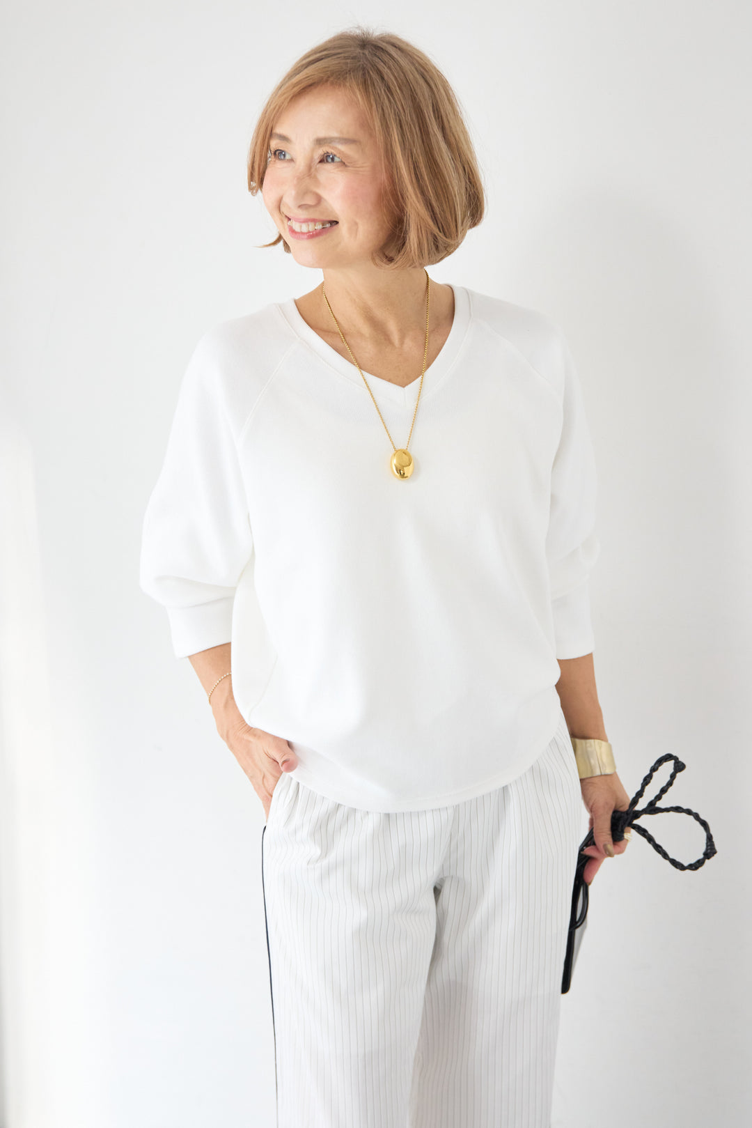 [SET]Vネック ラグラン カットソー+ストライプ コットンワイドパンツ(2set)