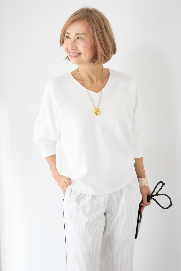 [SET]Vネック ラグラン カットソー+ストライプ コットンワイドパンツ(2set)