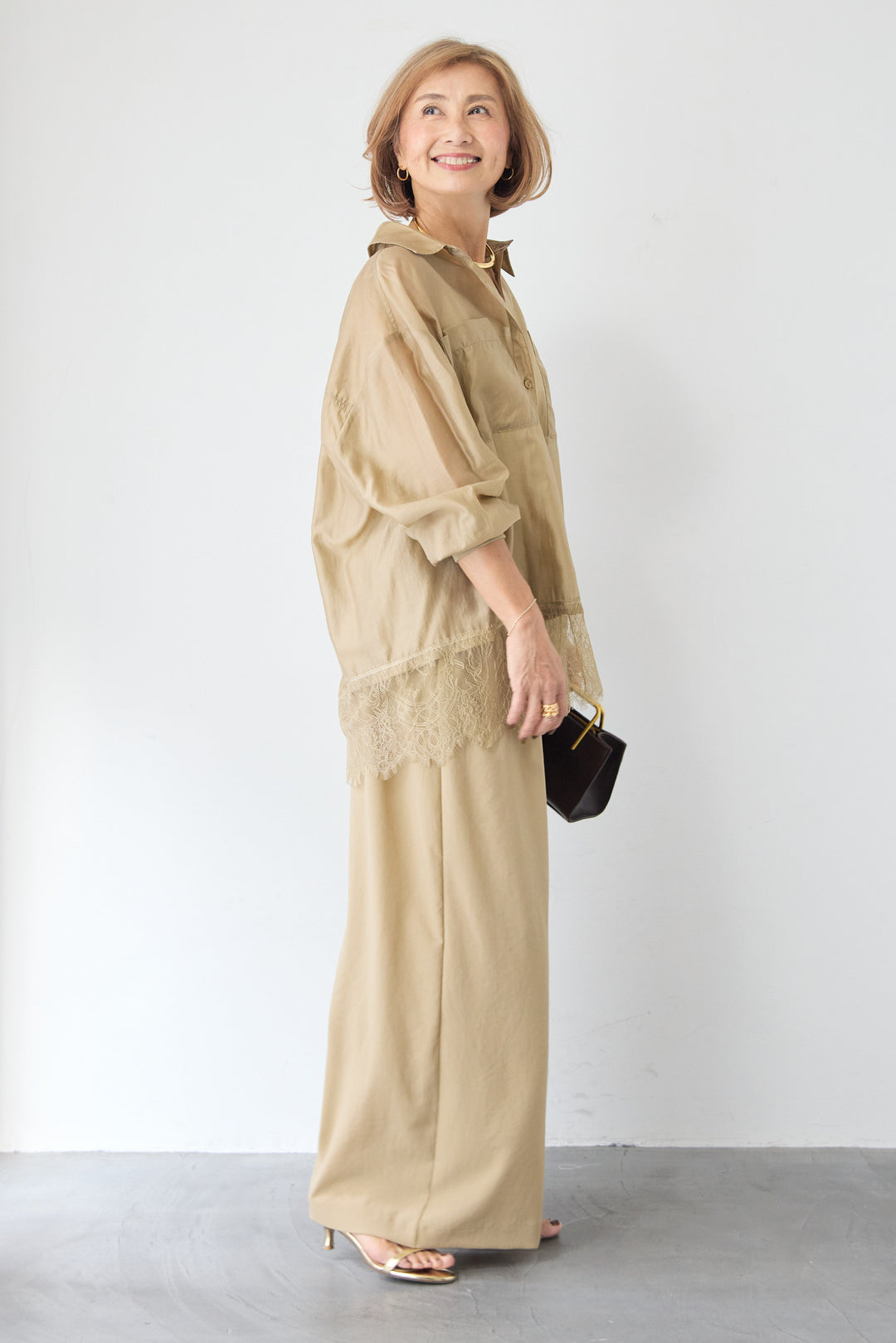 [SET]裾レース テンセル混シアーオーバーシャツ+ウエストバックゴム 2ボタンワイドパンツ(2set)