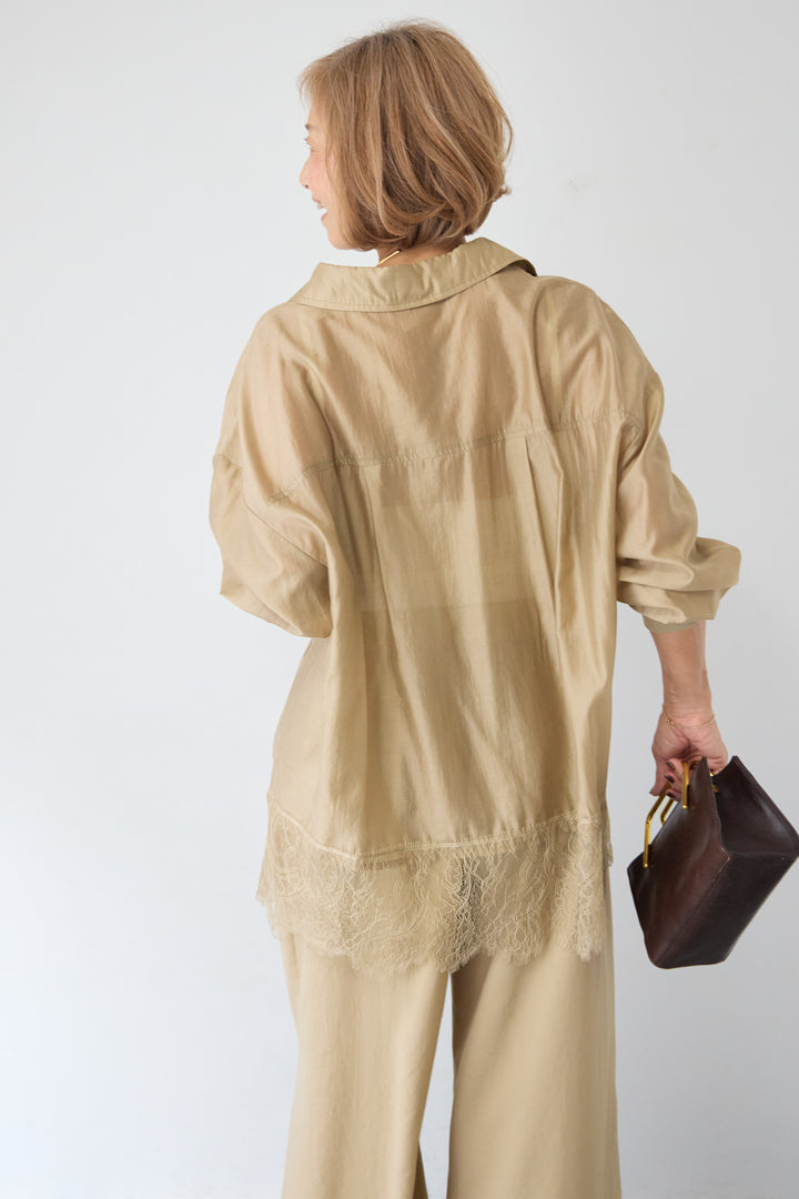 裾レース テンセル混シアーオーバーシャツ