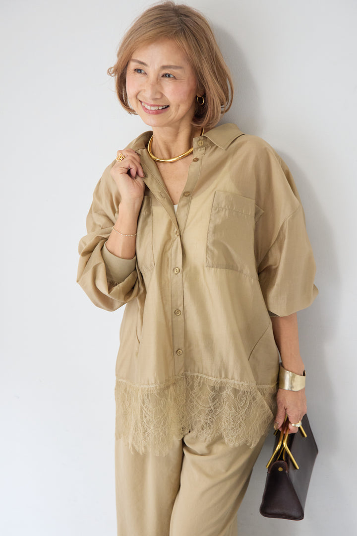 [SET]裾レース テンセル混シアーオーバーシャツ+ウエストバックゴム 2ボタンワイドパンツ(2set)