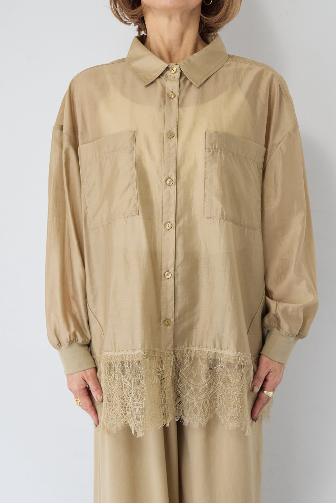 [SET]裾レース テンセル混シアーオーバーシャツ+ウエストバックゴム 2ボタンワイドパンツ(2set)