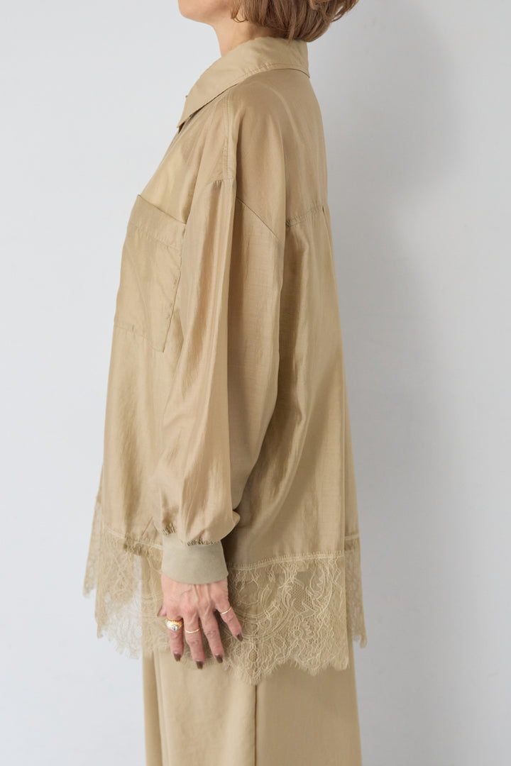 [SET]裾レース テンセル混シアーオーバーシャツ+ウエストバックゴム 2ボタンワイドパンツ(2set)