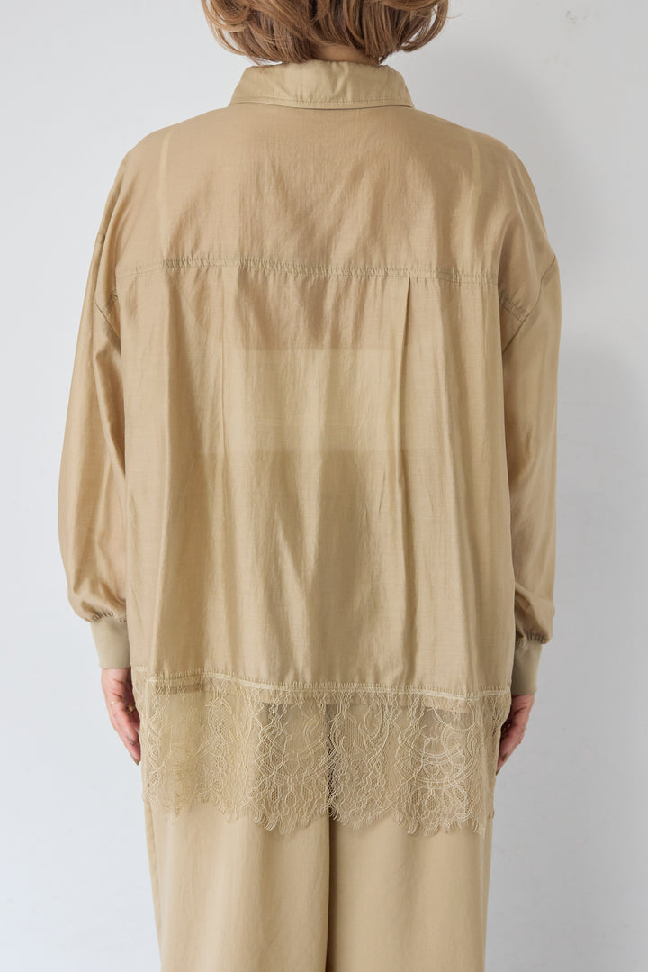 [SET]裾レース テンセル混シアーオーバーシャツ+ウエストバックゴム 2ボタンワイドパンツ(2set)