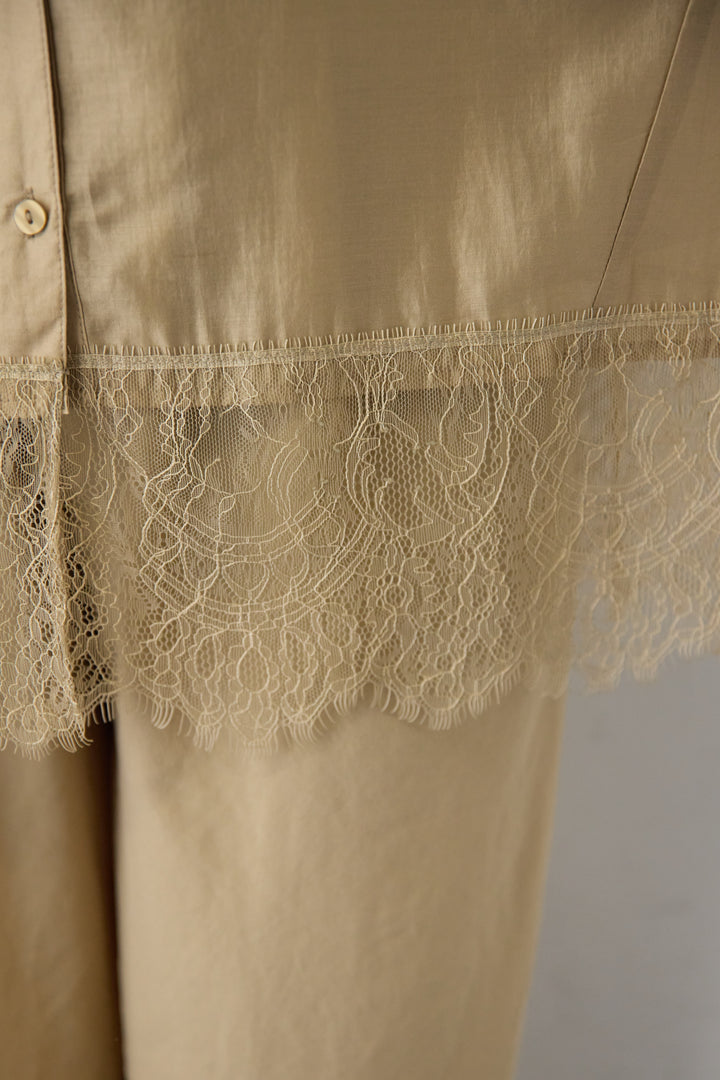 [SET]裾レース テンセル混シアーオーバーシャツ+ウエストバックゴム 2ボタンワイドパンツ(2set)