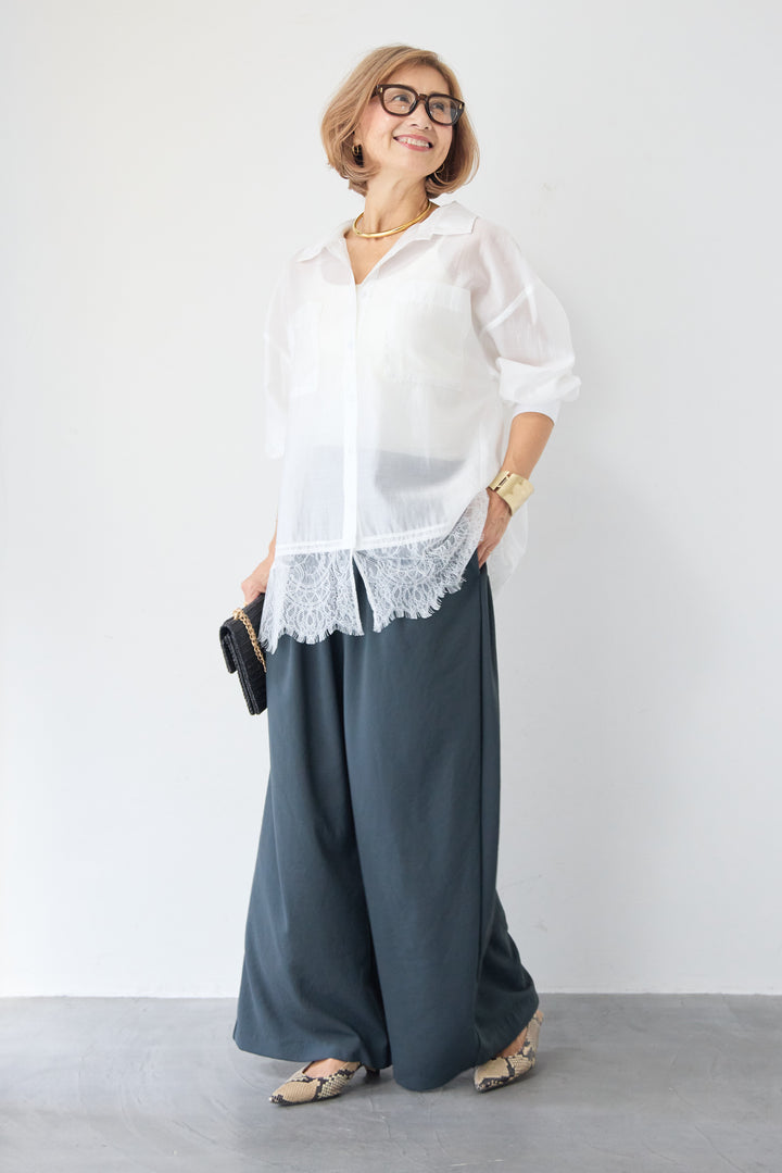 裾レース テンセル混シアーオーバーシャツ