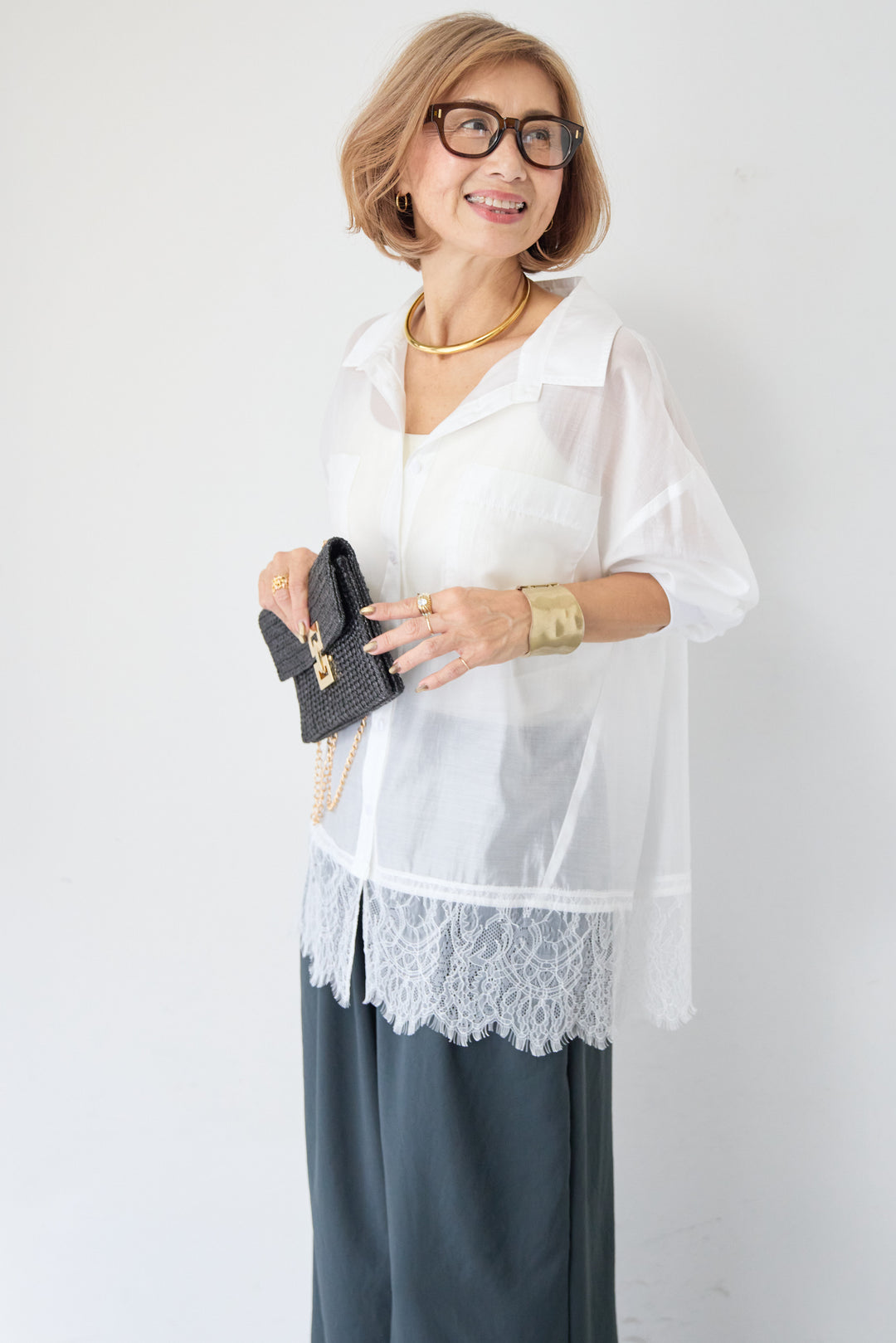 裾レース テンセル混シアーオーバーシャツ