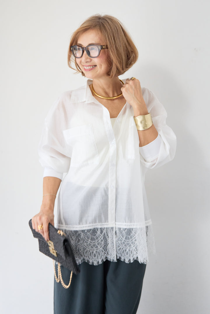 裾レース テンセル混シアーオーバーシャツ