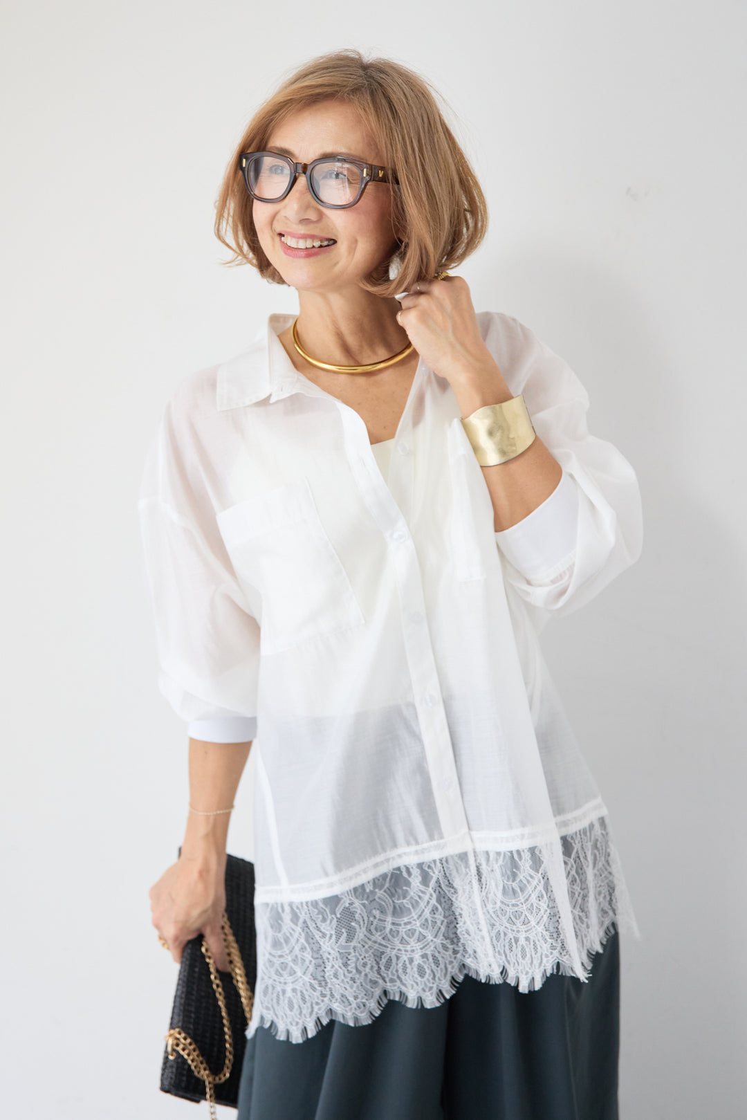 [SET]裾レース テンセル混シアーオーバーシャツ+ウエストバックゴム 2ボタンワイドパンツ(2set)