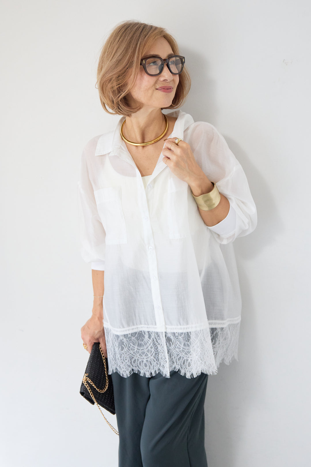 裾レース テンセル混シアーオーバーシャツ