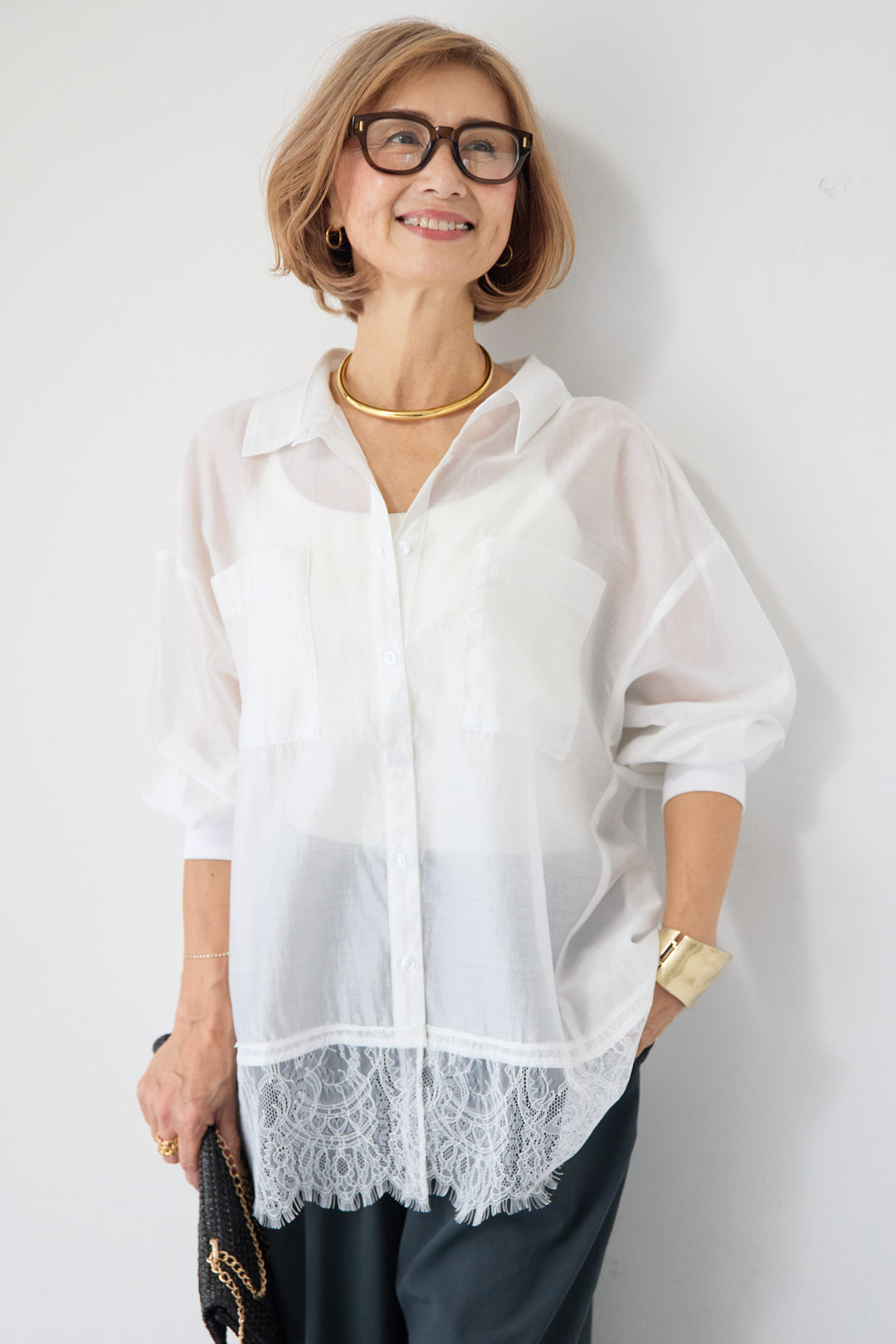 裾レース テンセル混シアーオーバーシャツ