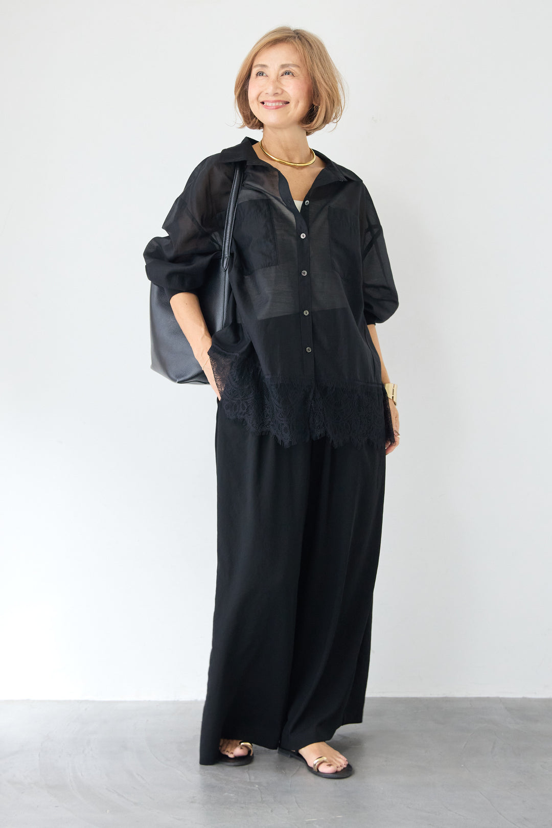 裾レース テンセル混シアーオーバーシャツ