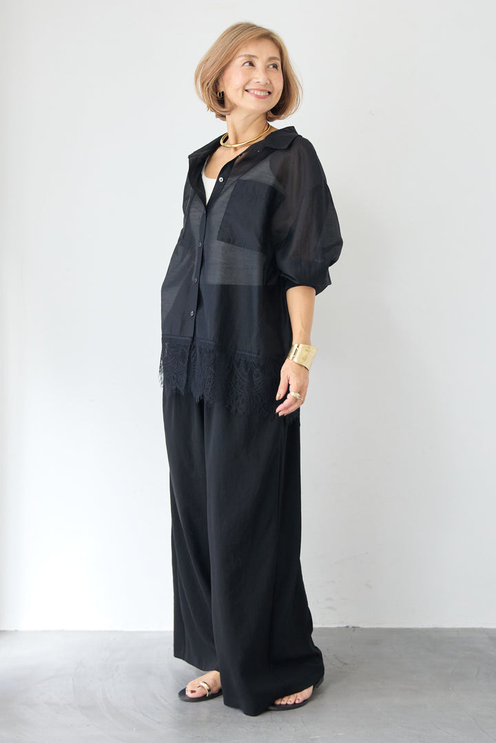 裾レース テンセル混シアーオーバーシャツ