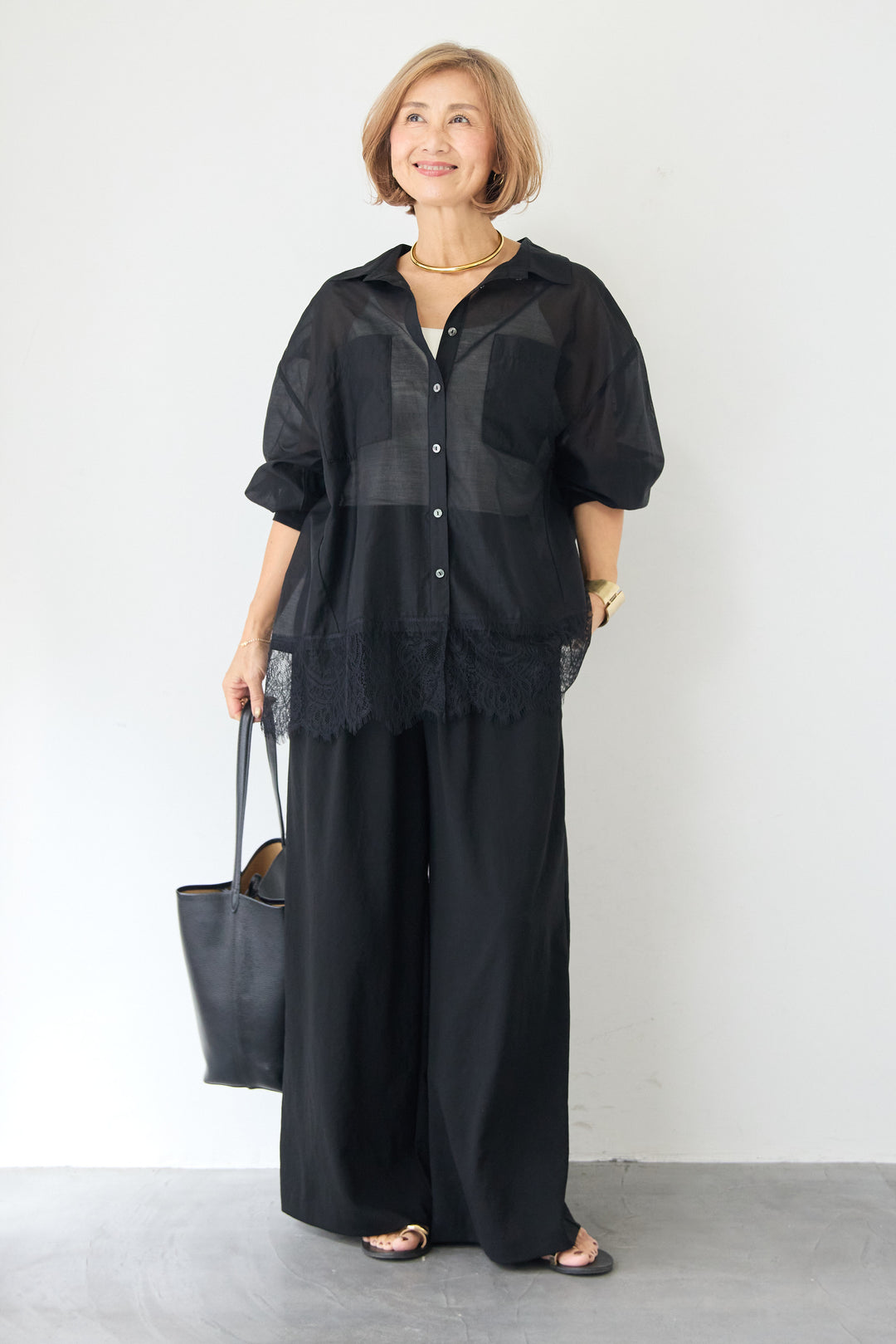 裾レース テンセル混シアーオーバーシャツ